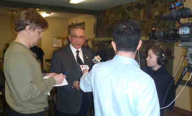 Peter Sharp talks with reporters after last night's B.C. Conservative nomination meeting for Kamloops-South Thompson.