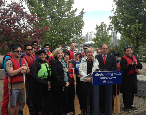 Attorney-General Suzanne Anton and parliamentary secretary John Yap, at microphone, launch liquor law changes.