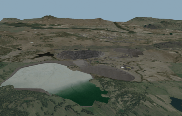 Computer-generated view of proposed tailings pond. Jacko Lake  and the pit are shown north of the pond, new waste rock stack is to right of the pond. Goose Lake would disappear in lower centre of pond. Part of Edith Lake  is on far right.