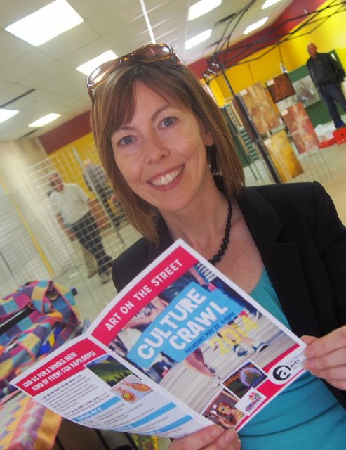 Kathy Sinclair, Kamloops Arts Council executive director, at the Popup Gallery on Wednesday as artists  installed their work in preparation for today's (Thursday’s) opening.