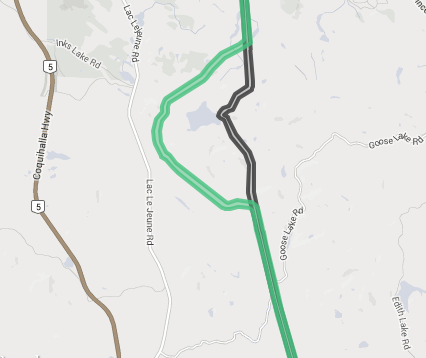 Kinder Morgan map shows proposed pipeline route skirting Jacko Lake and continuing south past Goose Lake.