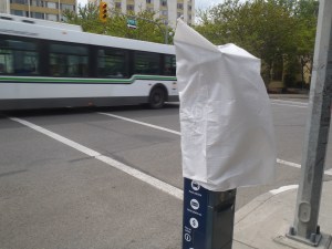 Hooded kiosks gave parkers a break.