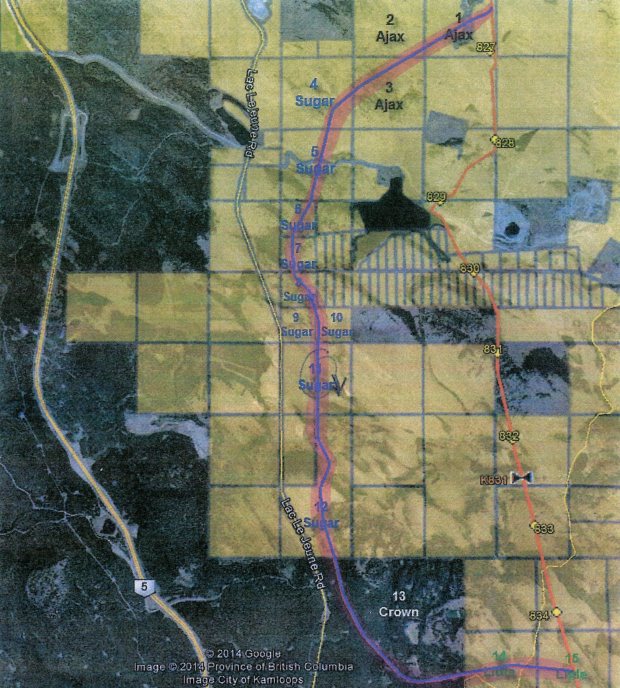 Possible new route for pipeline. (Highlighted by A.M. News for clarity.) A KM spokesperson says the route may be adjusted before application is made.