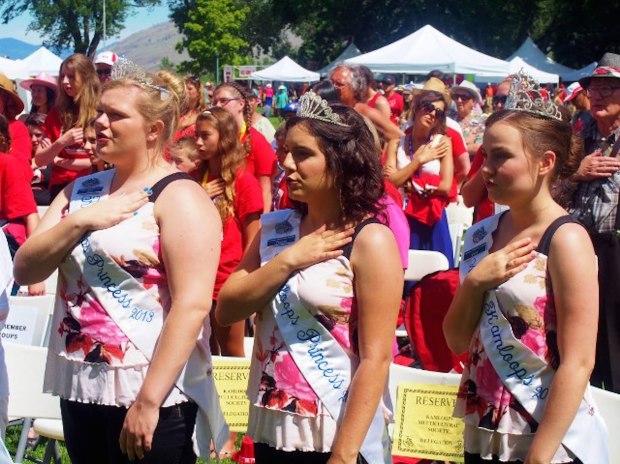 Miss Kamloops contenders take the oath of allegiance in a brief ceremony led by RCMP officers. From left, Tess Russell, Tiana Trotta and Julie Moray. The Miss Kamloops Pageant is July 12.