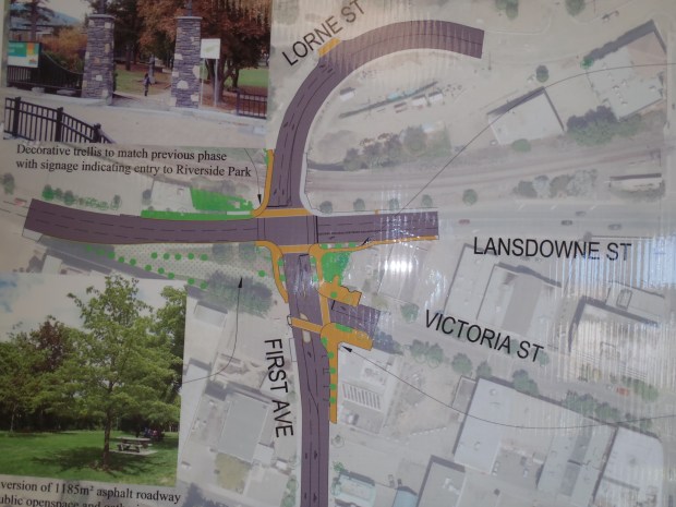 Intersection layout shows new traffic flow.