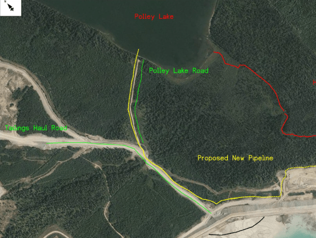 Map of Polley Lake pipeline diversion route.