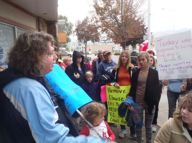 Michelle Blundell-Dunkerley talks to parents after meeting with MLA Terry Lake.