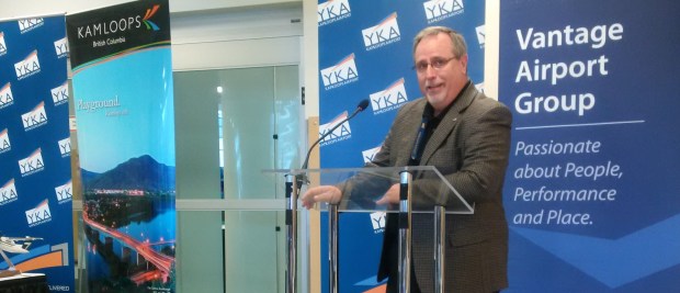Kamloops Airport boss Fred Legace speaks at arrival of WestJet flight.