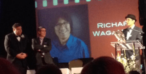 Richard Wagamese accepts his award. (Twitter photo, Kayla Pepper)