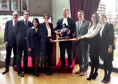 (Left to right), Supreme Court Justice C. Grauer, Shaun Driver, Cathryn Chan, Jeannette Aucoin, Supreme Court Associate Chief Justice A. Cullen, Shaun Foster, Donya Vahidi and Julia Roos.