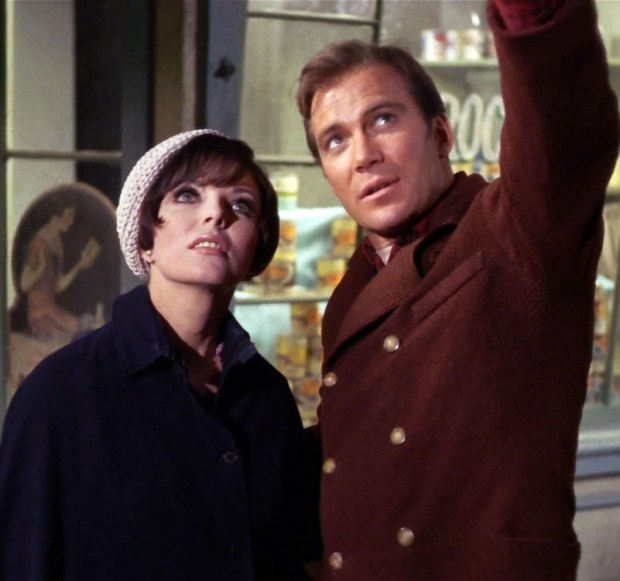 Joan Collins as Edith Keeler and Willliam Shatner as Captain Kirk in The City on the Edge of Forever,  from the original Star Trek series.