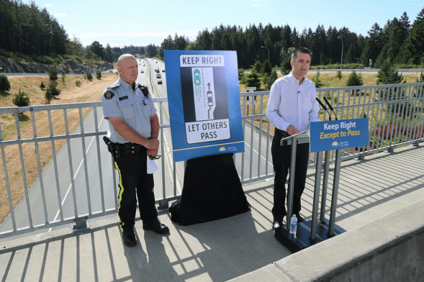 Transportation Minister Todd Stone announcing start of new lane-hog law Friday.