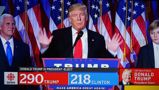 President-elect Donald Trump speaks to supporters after Hillary Clinton concedes. (Screengrab, CBC)