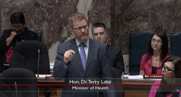 Terry Lake, in Legislature,  defending Liberal record on seniors care. 