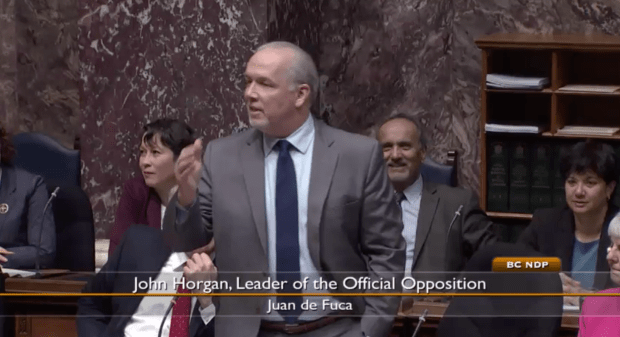 Opposition Leader John Horgan asks about government advertising. (Screenshot, QP video)
